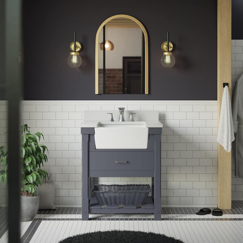 KitchenBathCollection Charlotte 30" Farmhouse Bathroom Vanity with Quartz Top - Marine Gray