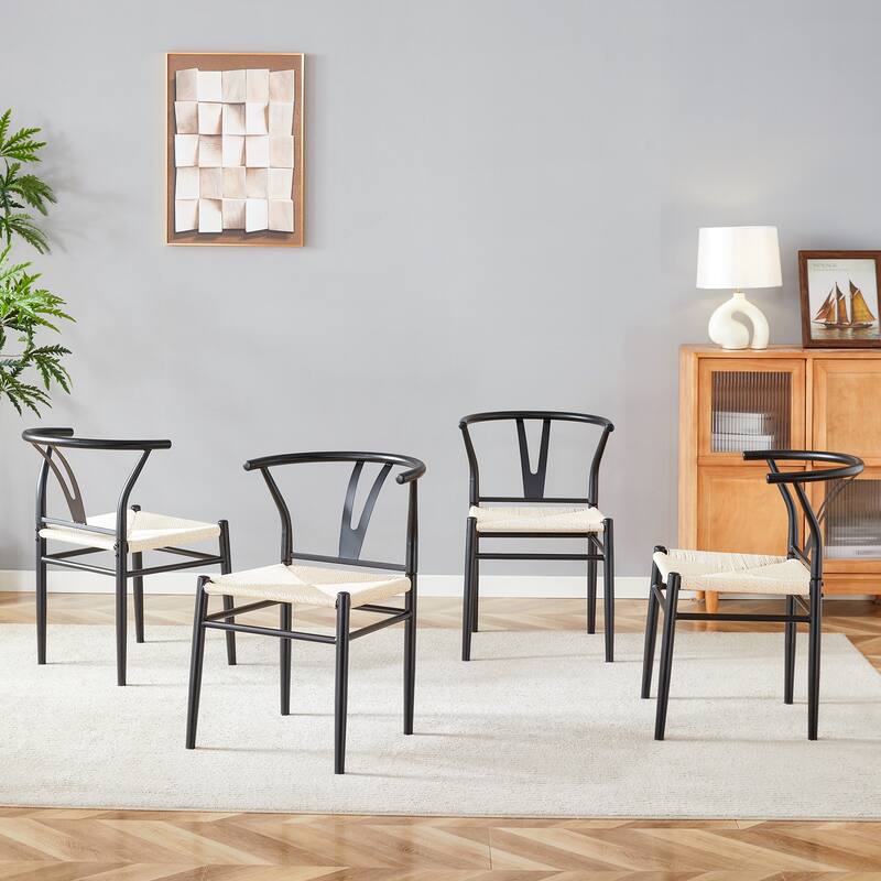 Y-shaped Medieval Style Armchair for Dining Table, Woven Seat (Set of 4) - Black White