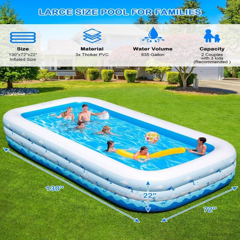 Large Inflatable Pool with Pump – 130" x 72" x 22" Family Blow Up Pool