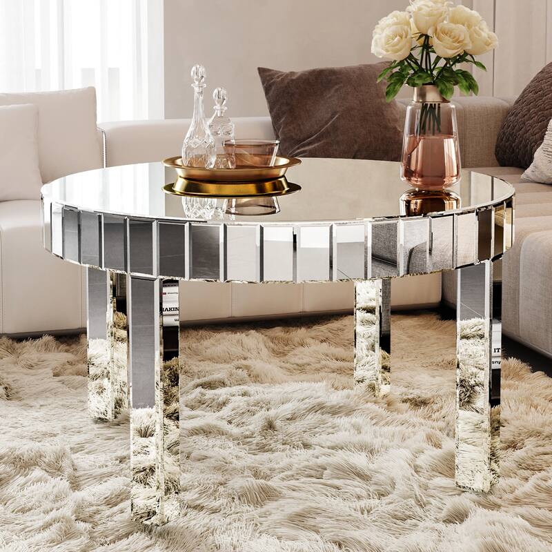 Roomfitters 31.5" Round Mirrored Coffee Table, Fluted Silver Center Table for Living Room, Reflective Glass