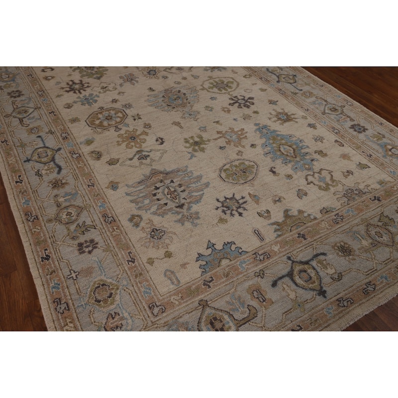 Vegetable Dye Oushak Turkish Area Rug Handmade Beige Wool Carpet - 6'3"x 8'11"