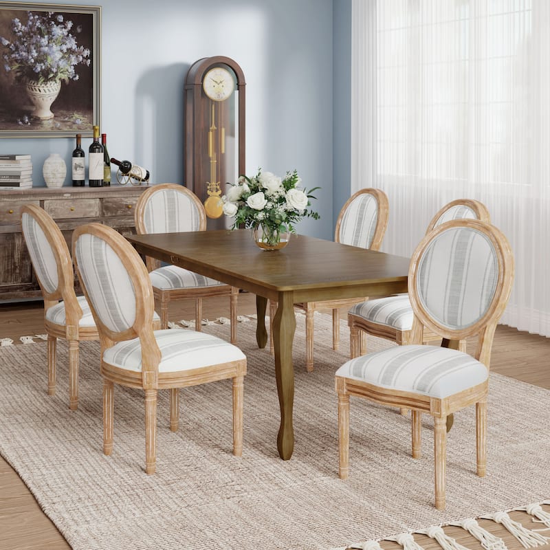 Phinnaeus French Country Fabric Rubberwood 7 Piece Dining Set with Expandable Table by Christopher Knight Home - GreyStripe+Natural
