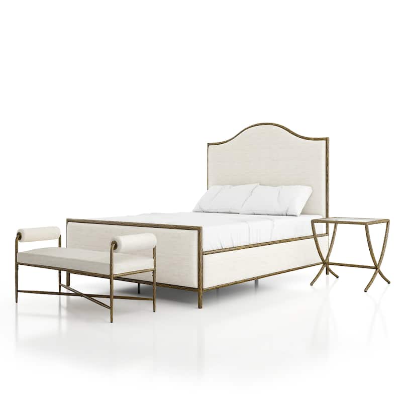 247 Shop At Home Lalia Modern 3-Piece Upholstered Hammered Metal Camelback Bedroom Set with Nightstand and Bench - Matte Gold - Queen