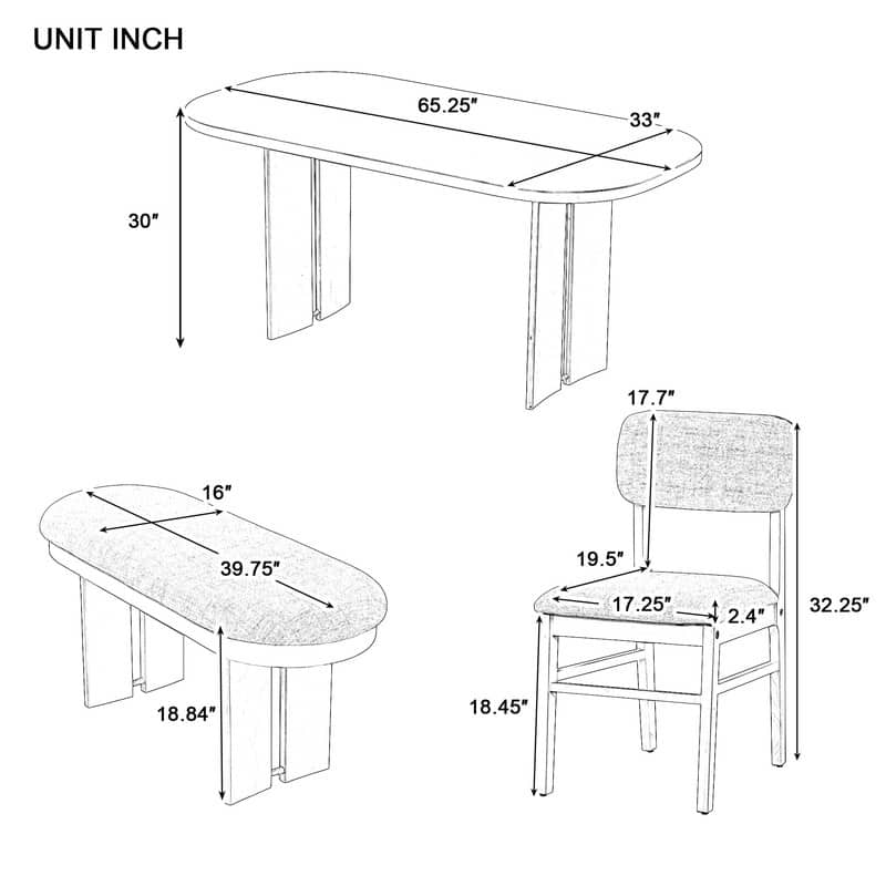 Farmhouse 6-Piece Dining Table Set, Solid Wood Dining Table and 4 Upholstered Chairs & 1 Bench