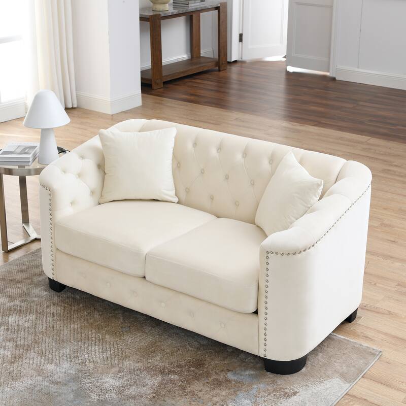 77'' Modern Velvet 3-Seater Sofa with Tufted Backrest, Nailhead Trim, and 2 Pillows