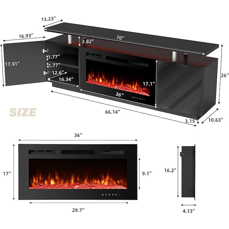 EROMMY 70'' Fireplace TV Stand with 36'' Electric Fireplace, TV Console for TVs up to 80'' for Living Room, Black - 36"
