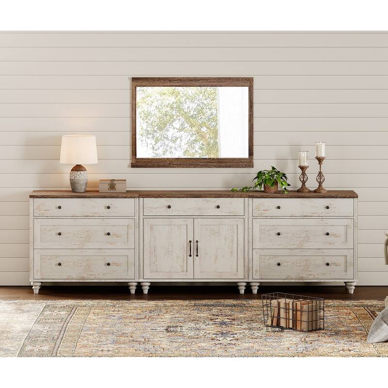 Sideboard Buffet Cabinets with Doors and Drawer - 7 Drawers and 2 Doors - Rustic White