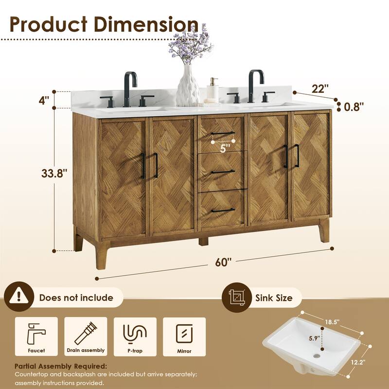 Clara Bathroom Vanity in Weathered Brown with Calacatta Truffle White Quartz Countertop No Mirror