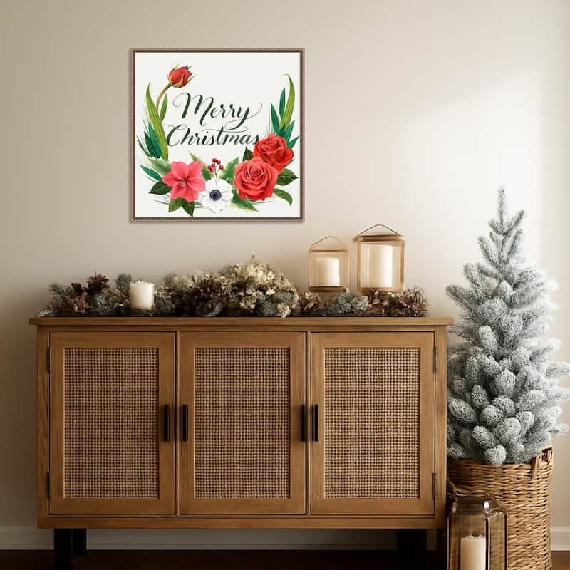 Christmas Flora Wreath I by Grace Popp (22 x 22 in.), Framed Canvas Wall Art Print - Sylvie Beaded Dark Gold