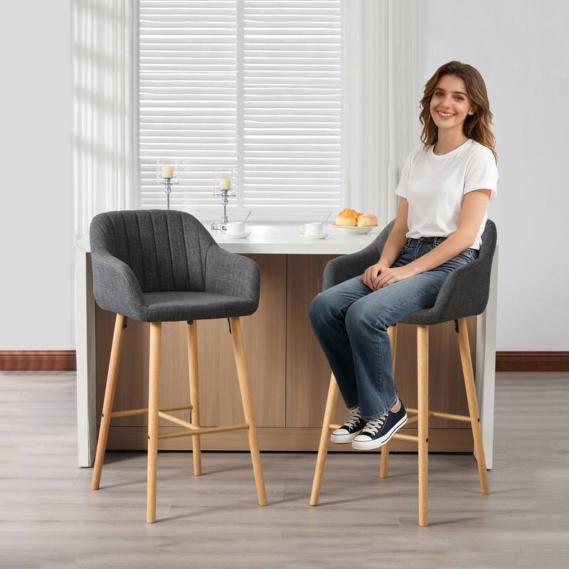 Linen Upholstered Ergonomically Designed Solid Wood Leg Tall Bar Stools(set of 2)