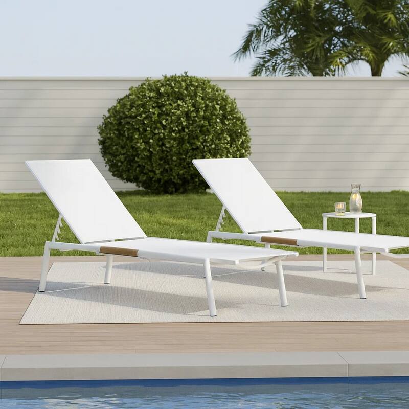 Shia 79 Inch Chaise Lounger, White Aluminum Frames, Teak Accent, Set of 2