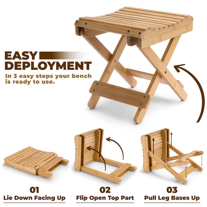 Bamboo Wooden Folding Step Stool Bench for Shower Foot Rest Bath Chair - 25" L x 19.5" W x 6" H