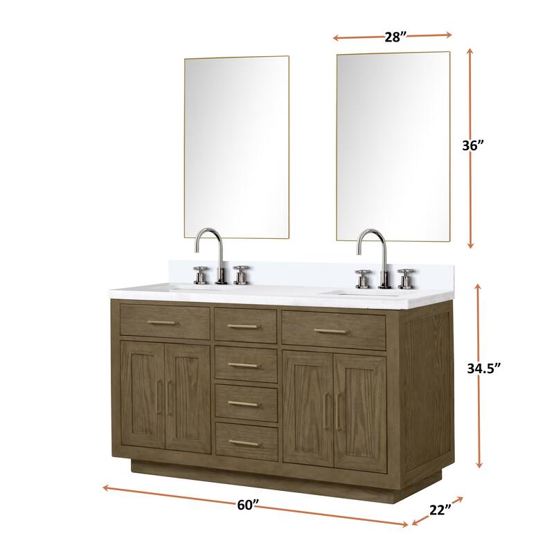 Abbey 60 in W x 22 in D Black Oak Double Bath Vanity, Cultured Marble Top, Faucet Set, and 28 in Mirrors