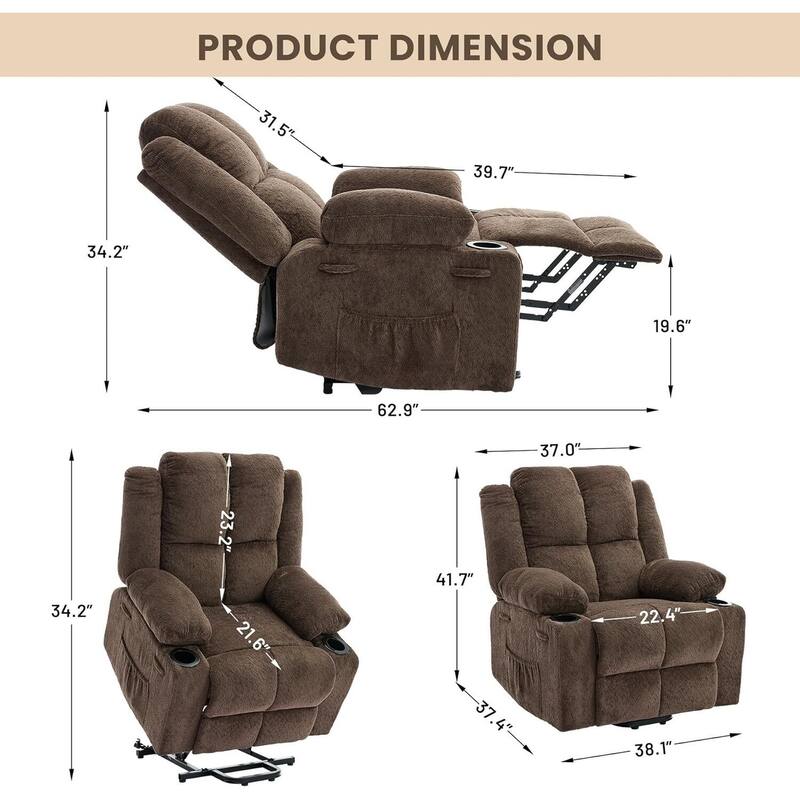 150°Adjustable Lay Flat Power Lift Recliner Sofa Chair for Elderly, Living Room