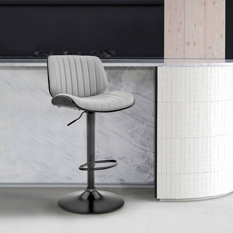 Adjustable Gray Faux Leather Black Steel and Wood Bar Stool - 43" x 19" x 20"