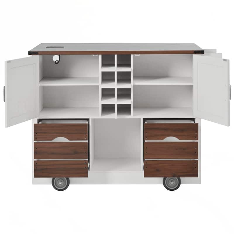 Farmhouse Kitchen Island with Drop Leaf, Power Outlet, Kitchen Storage Cart with 2 Doors, 2 Drawers