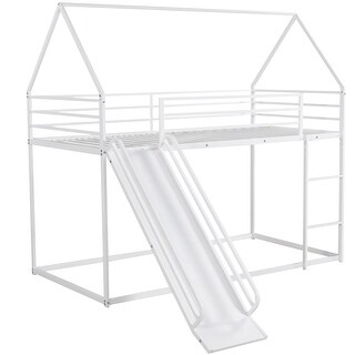 Twin Over Twin Metal Bunk Bed with Slide & Ladder, Metal Playhouse Bunkbeds Twin Size for Kids Girls Boys, No Box Spring Needed