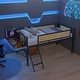 preview thumbnail 4 of 16, Black+Brown Twin Size Metal Loft Bed with Rectangular Desk, LED lights, Storage Shelves and Hanging Storage Compartments