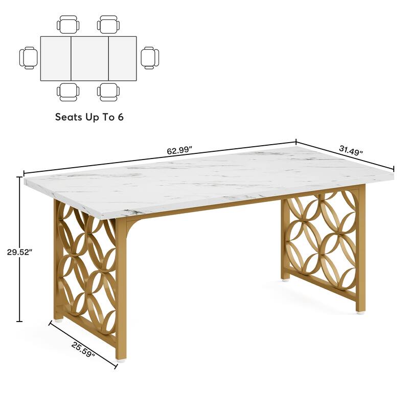 63-inch Modern Dining Table for 4-6 People, Rectangular Marble Dinner Table with Gold Metal Frame for Home Kitchen