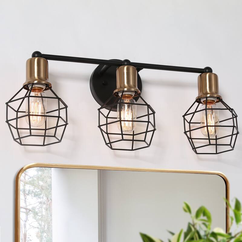 Modern 3-Light Gold Black Dimmable Lantern Cage Bathroom Vanity Lights Reversible Sconces - Black & Gold - L 21"x W 6.5"x H 9.5" - L 21"x W 6.5"x H 9.5" - Black & Gold