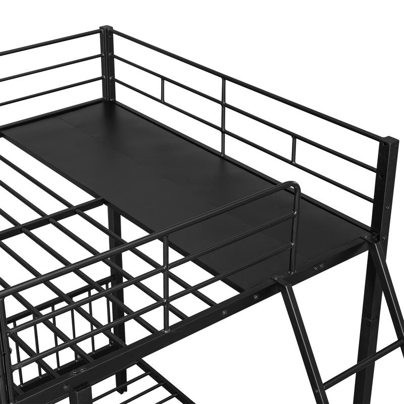 Full Over Twin & Twin Triple Bunk Bed with Drawers and Middle Table, Convertible Metal Bunk Bed Frame with Ladder and Guardrails