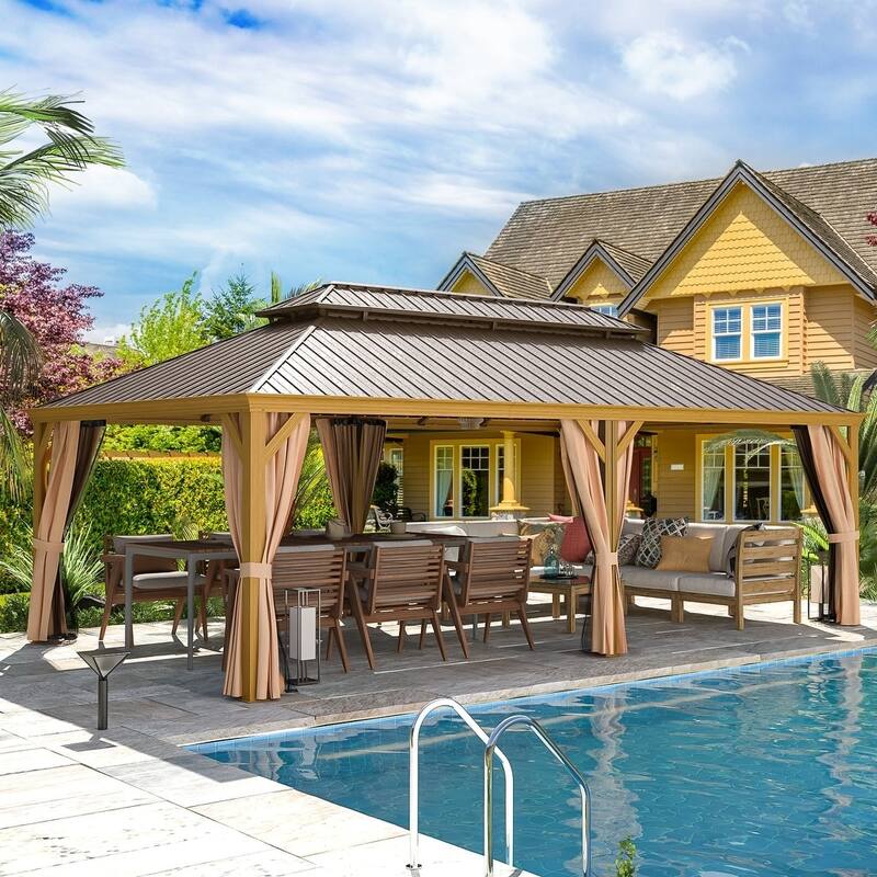 Erommy Pro Series Outdoor Galvanized Steel Roof Gazebo Pergola w/ Aluminum Frame & Vertical Rain Cutter