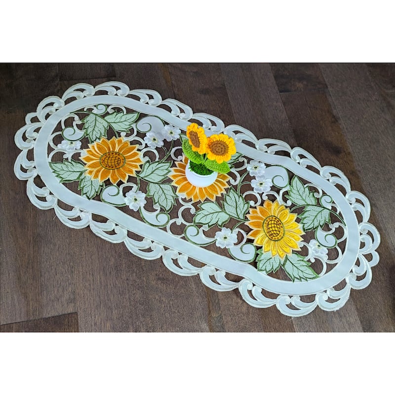 Sunflower Embroidered Cutwork Rectangular Table Runner, 14 by 28 inch