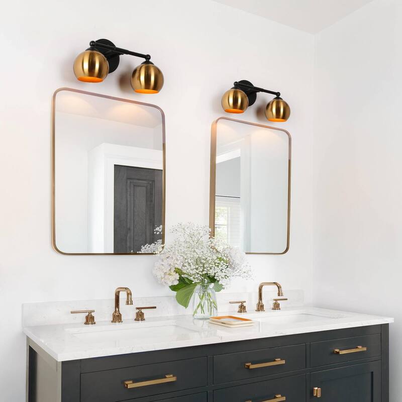 2-Light Modern Black Gold Vanity Light Bathroom Metal Wall Sconce for Powder Room - 14.5'' L x 6'' W x 7.5'' H