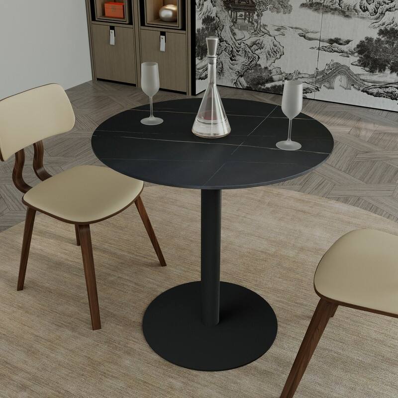 Vail Round Dining Table 36 in. Sintered Stone Tabletop in Black Stainless Steel Round Pedestal Base for Kitchen and Dining Room