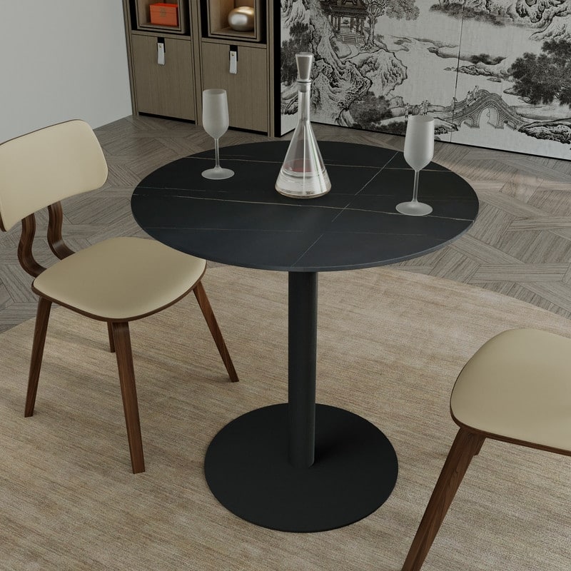 Vail Round Dining Table 36 in. Sintered Stone Tabletop in Black Stainless Steel Round Pedestal Base for Kitchen and Dining Room