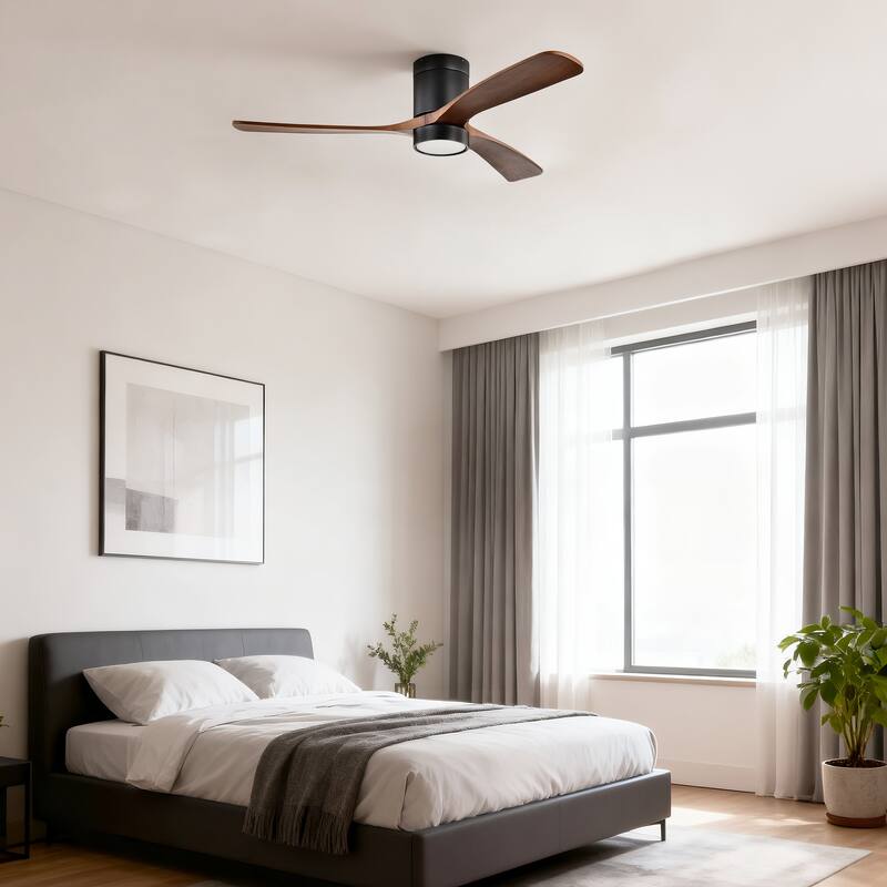 Matte Black 52 in. Indoor Flush Mount Ceiling Fan with 3 Solid Wood Blades (Dark Walnut), 6-Speed Remote Control 3CCT LED Light