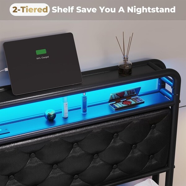 Bed Frame LED Light Headboard Platform Bed Frame Faux