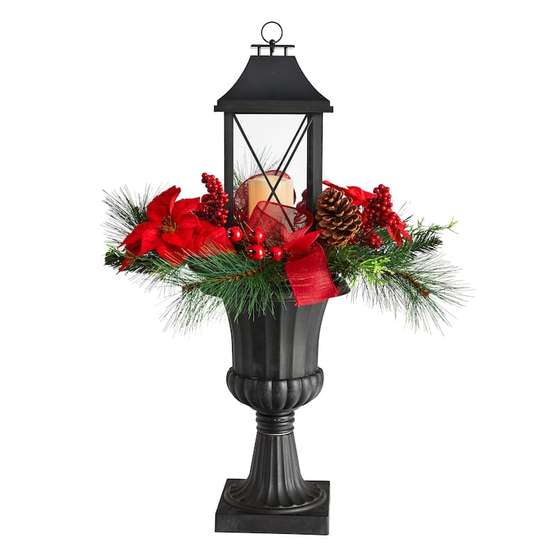 33” Battery Operated Berries and Poinsettia Christmas Lantern with Urn