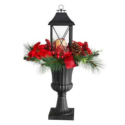 33” Battery Operated Berries and Poinsettia Christmas Lantern with Urn