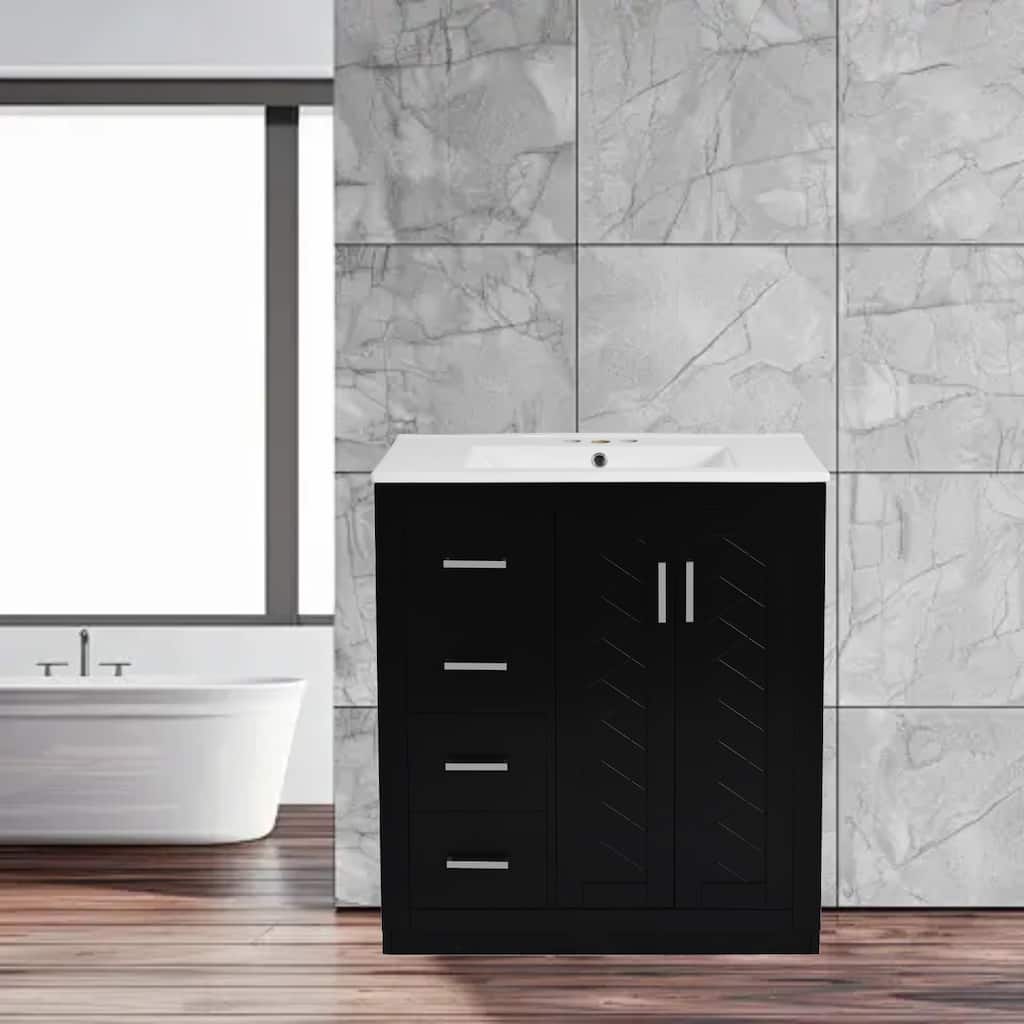 Modern 30" Bathroom Vanity with Ceramic Sink, 3 Drawers & Soft Closing Doors, Solid Wood Frame Cabinet