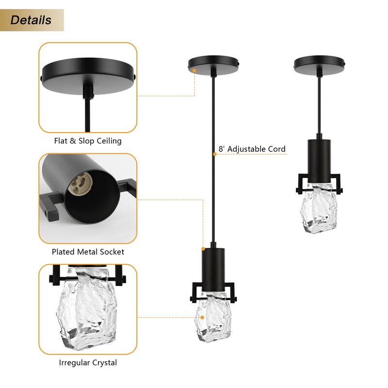 WINGBO 1-Light Modern Crystal Pendant Light Fixture Height Adjustable Hanging Light