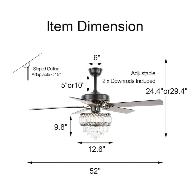 Oaks Aura 52in. Luxury Crystal Classic Reversible Ceiling Fan with Remote Control, 5 Wooden Blades Ceiling Fan with Lights - 52