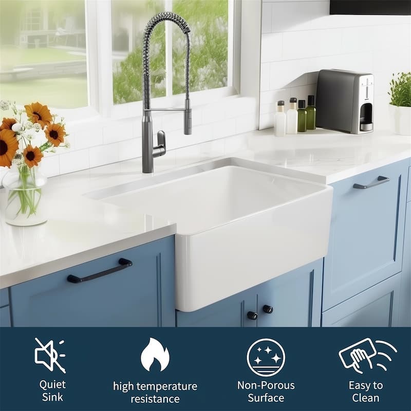 24" White Fireclay Ceramic Sink - Apron Front Single Basin with Grid