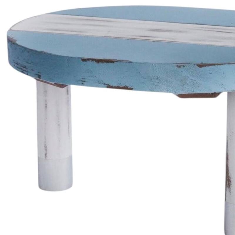 HomeRoots 10" Blue And White Solid Wood Handmade Round Riser - 14.50 in. x 6.50 in. x 9.50 in.