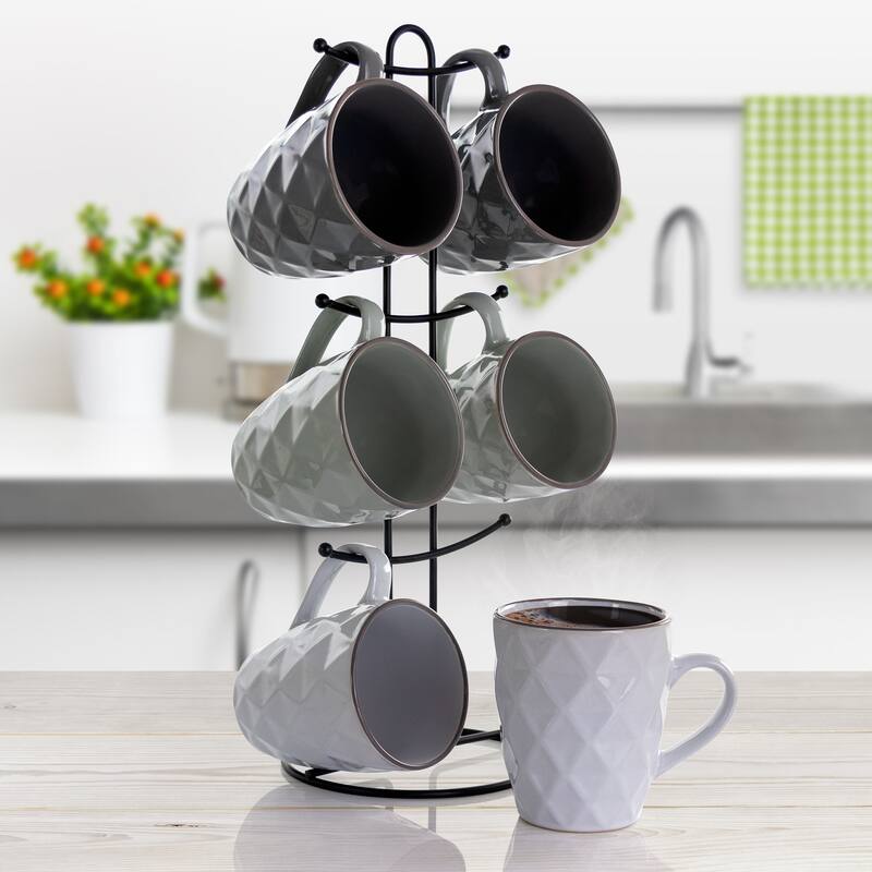 Argyle Texture 1.5 Cup Mug 6 Piece Set with Holder