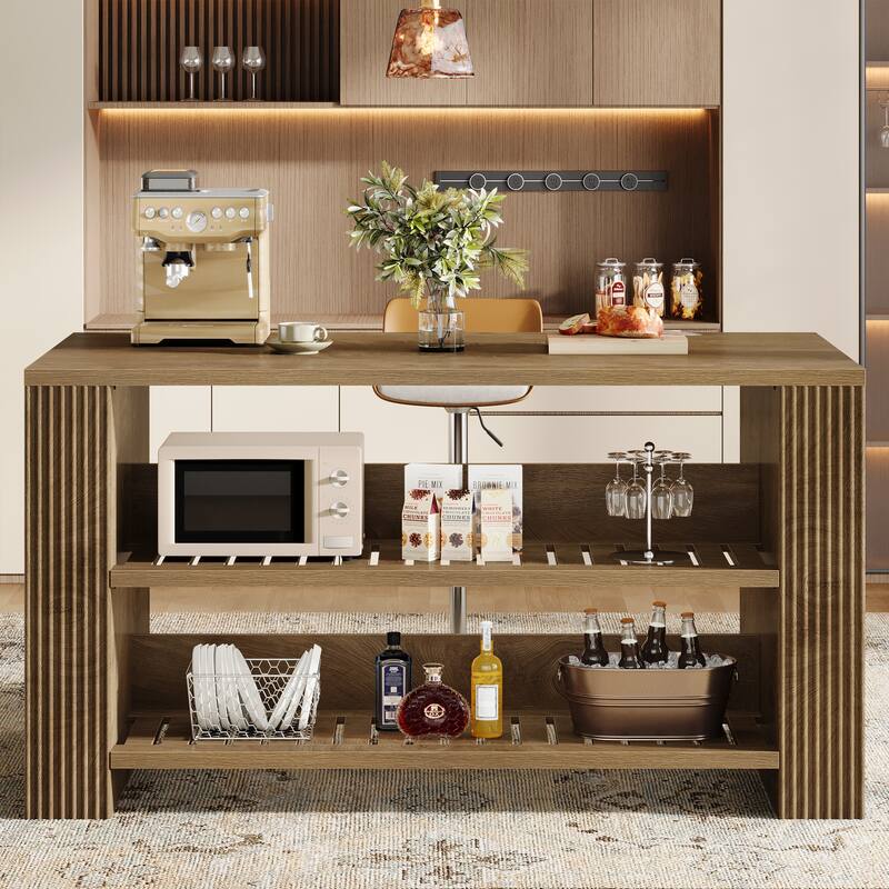 59 Inch Large Kitchen Island with Storage Shelves and Seating - 27.55" D x 59.05" W x 35.43" H