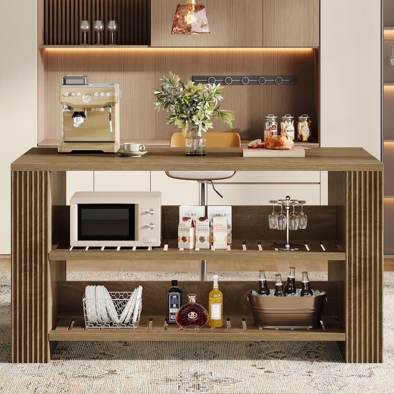 59 Inch Stationary Kitchen Island with Open Storage Shelves, Farmhouse Style - 27.55" D x 59.05" W x 35.43" H