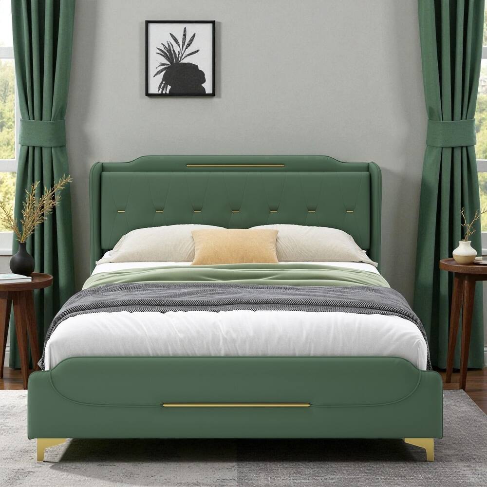 Queen/King PU Leather Upholstered Platform Bed with Wingback Headboard & Footboard, Gold Metal Accents and Wooden Slats