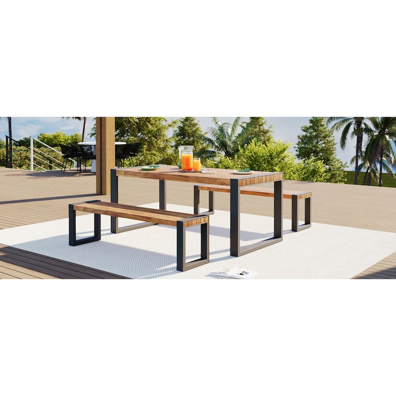 Roomfitters 3-Piece Outdoor Dining Set with Rectangular Table and 2 Benches, Industrial Patio Picnic Furniture, Acacia Wood
