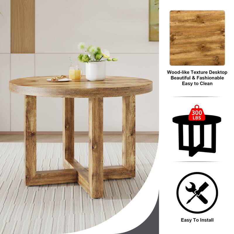 A modern and practical circular dining table. Made of MDF tabletop and wooden MDF table legs