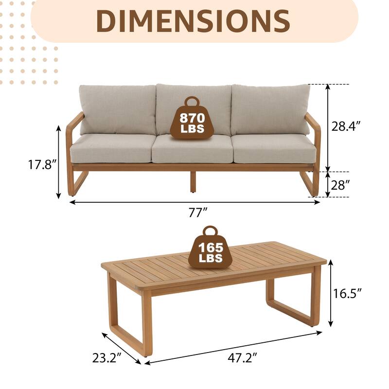 Outdoor 3-Seat Chair Set with Coffee Table in Acacia Wood