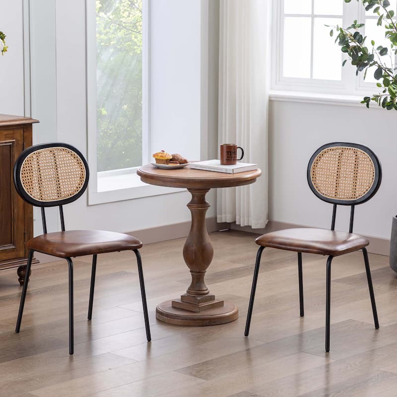 Faux Leather Rattan Back Dining Chairs Counter Stools with Metal Legs