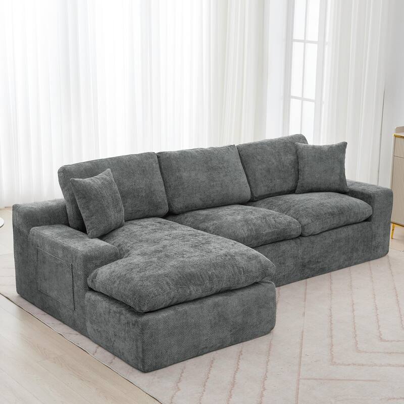 107-In Modern Chenille Sectional Sofa,Living Room Sofa with Double-layer Cushion & Side Pockets - Grey