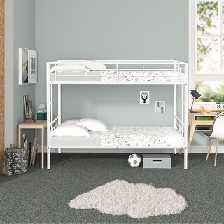 White Sturdy Metal Twin Over Twin Bunk Bed with Full-Length Guard Rails, Space-Saving Ladders