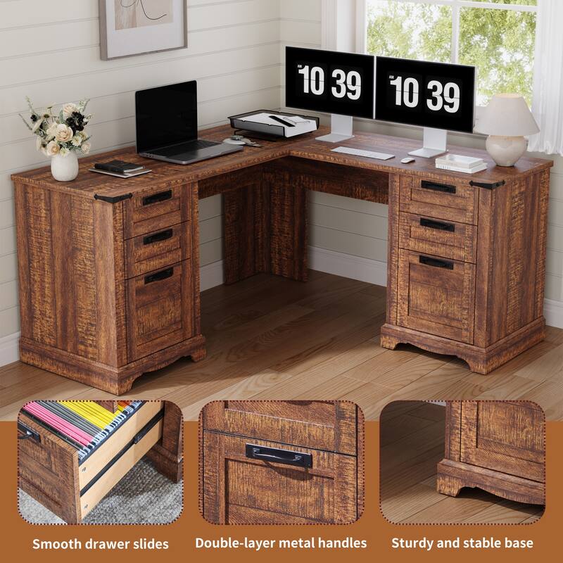 L Shaped Desk Set of 2, Wood Office Desk with Charging Station